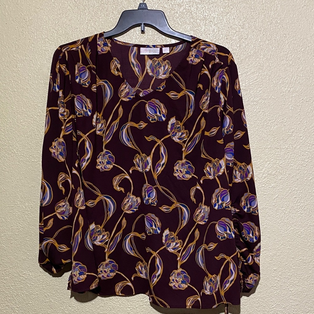 belle by Kim Gravel Top Blouse 2x Burgundy Red Wine Floral Long Sleeve Polyester